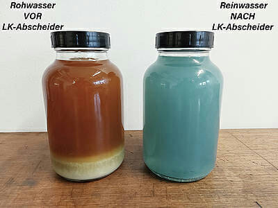 Oběhové médium před použitím odlučovače LK ve srovnání s čistou vodou zbavenou olejů a tuků.  