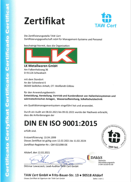 DIN EN ISO 9001:2015 zertifiziert durch TAW und DAkkS