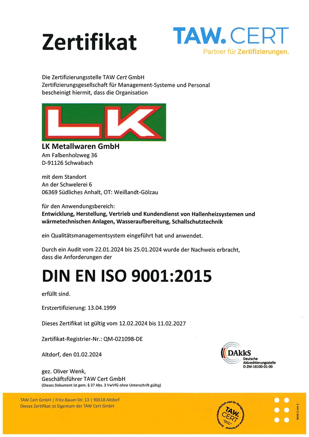 Zertifikat - TAW.CERT - DIN EN ISO 9001:2015