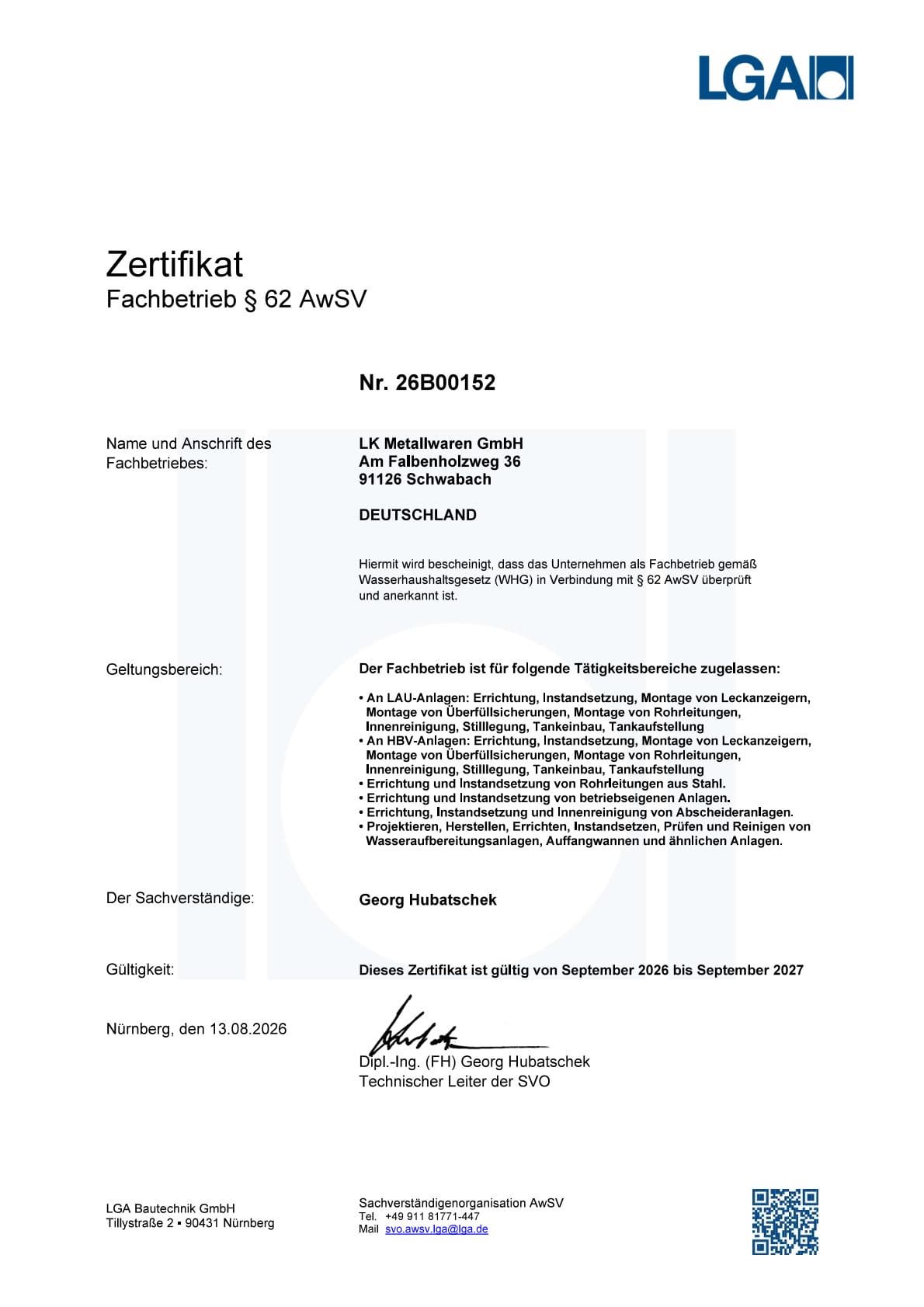 Zertifikat über Fachbetrieb gem. $ 62 AwSv ausgestellt an LK Metallwaren